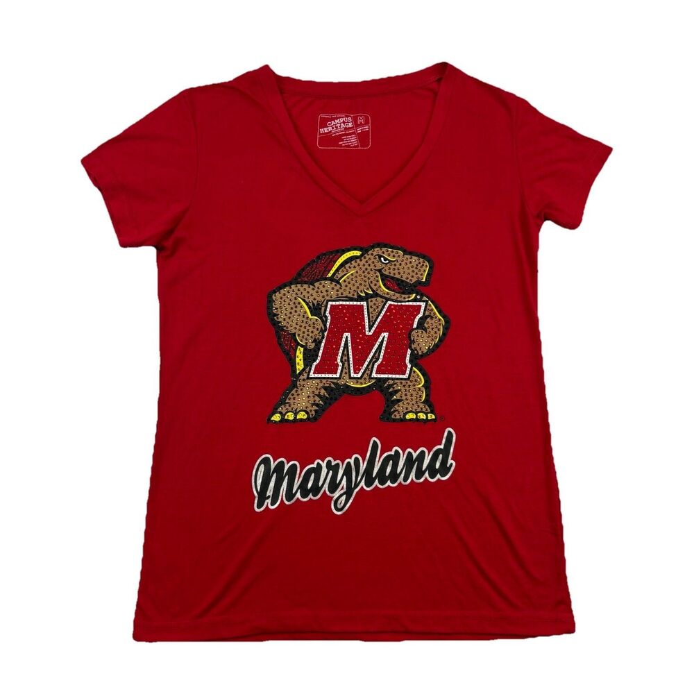 Maryland Terps V Neck Jewel Studded T Shirt Womens M Red Short Sleeve